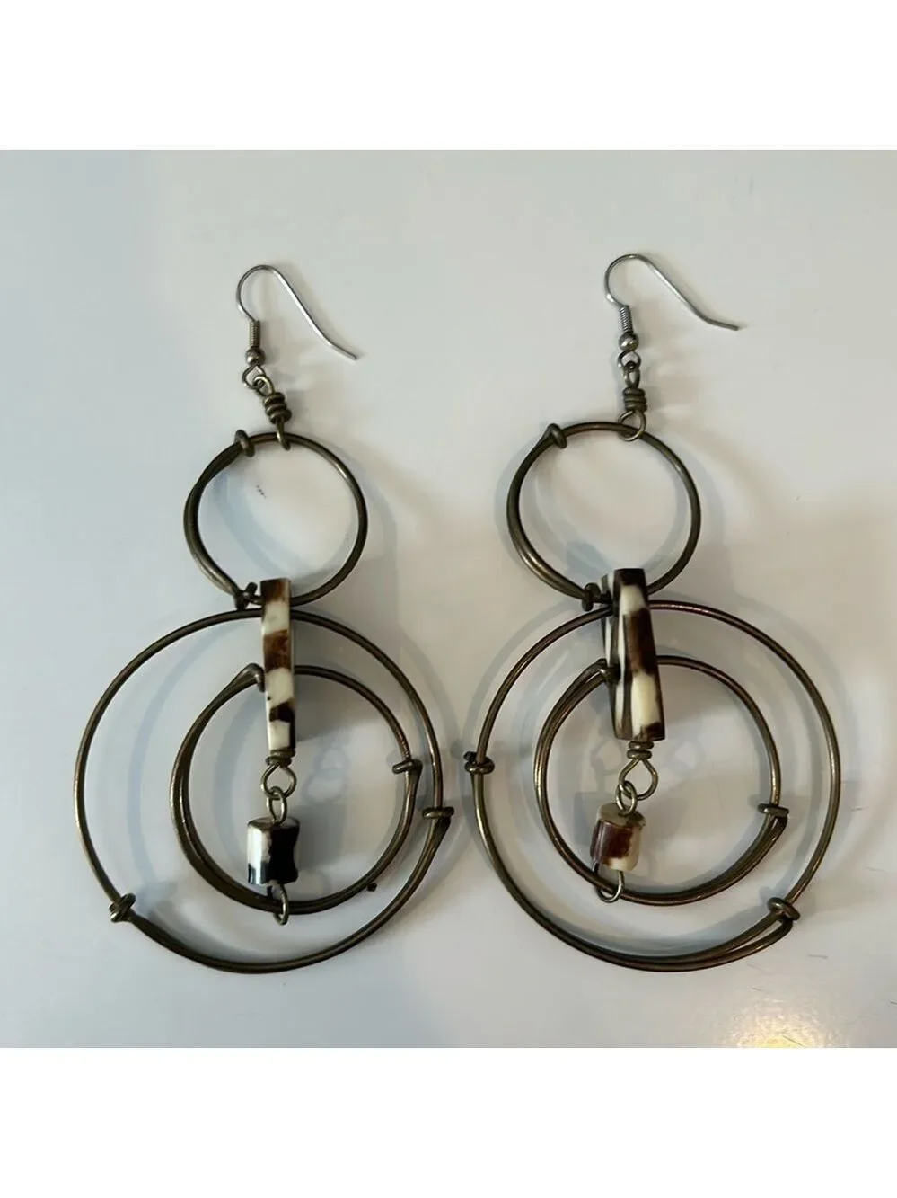 Gold Triple Hoop Dangling Earrings with Brown and White Stone Detail
